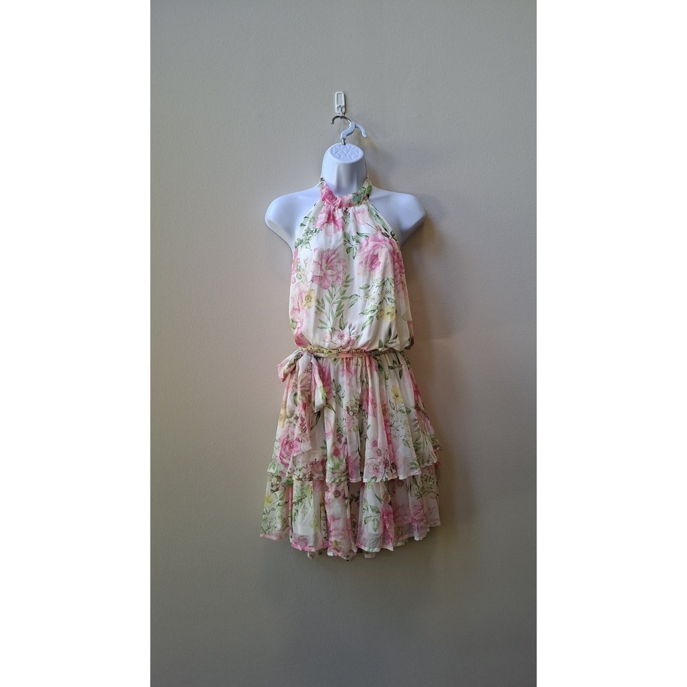 Vici Dress XL Dainty Floral Open Back Halter Garden Party Tiered Mini Belted